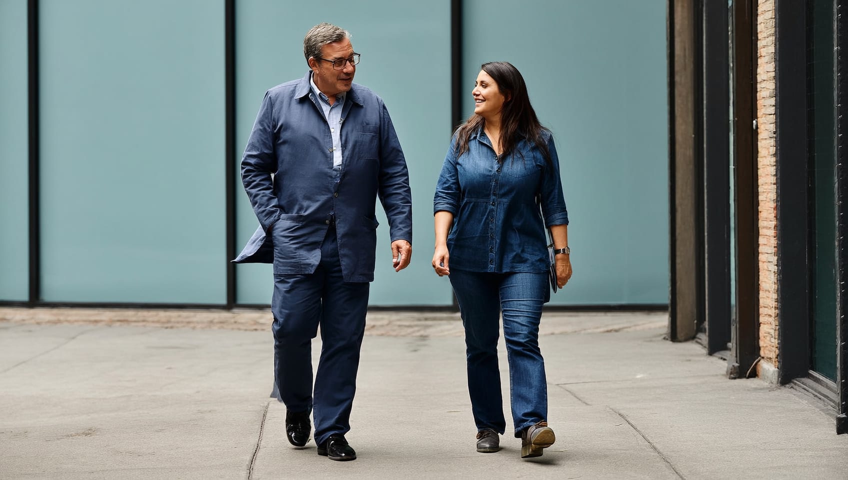 A JULY Commercial advisor and client walking through a commercial district discussing a property