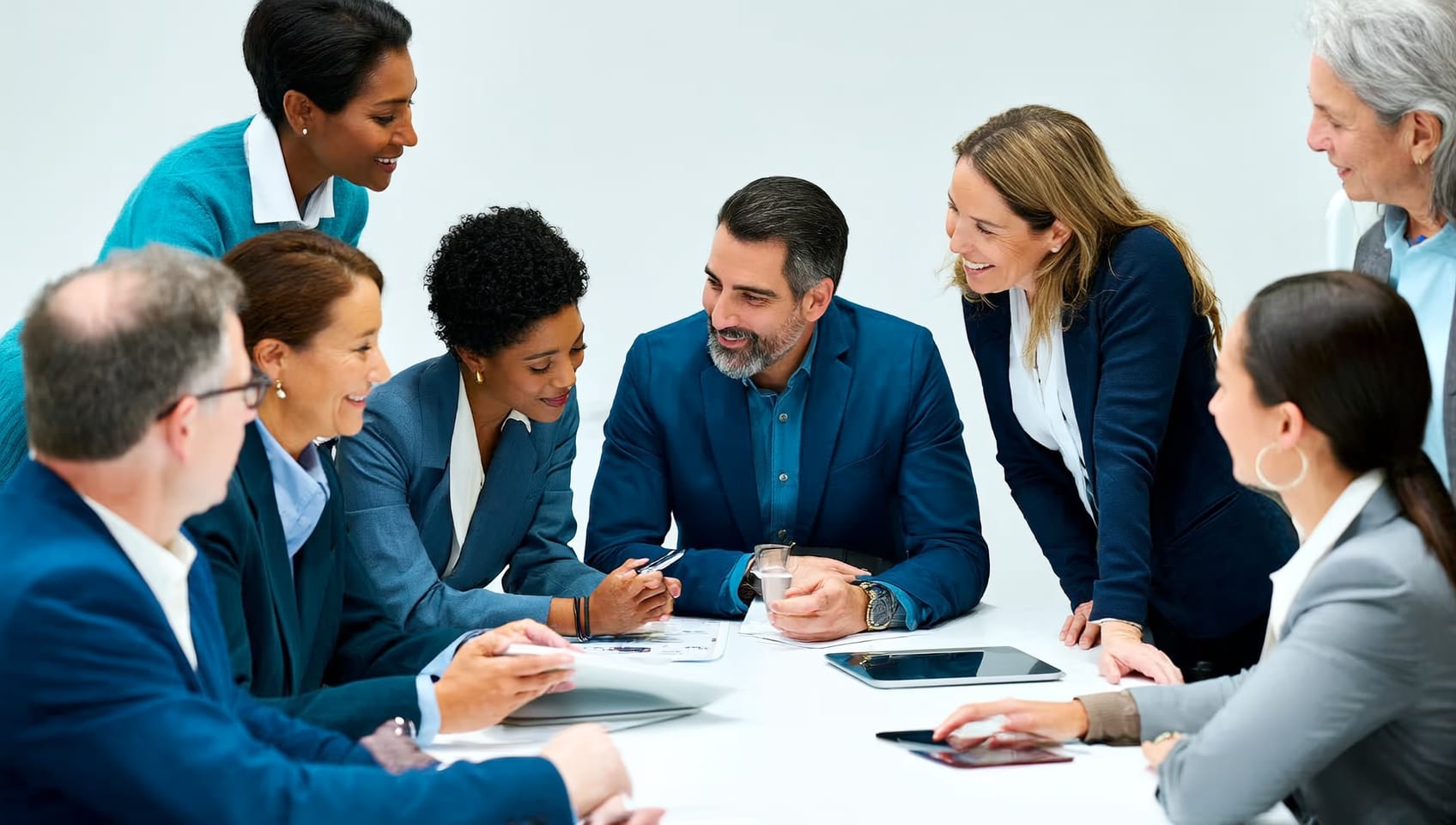 JULY Commercial colleagues collaborating around a table in a bright office
