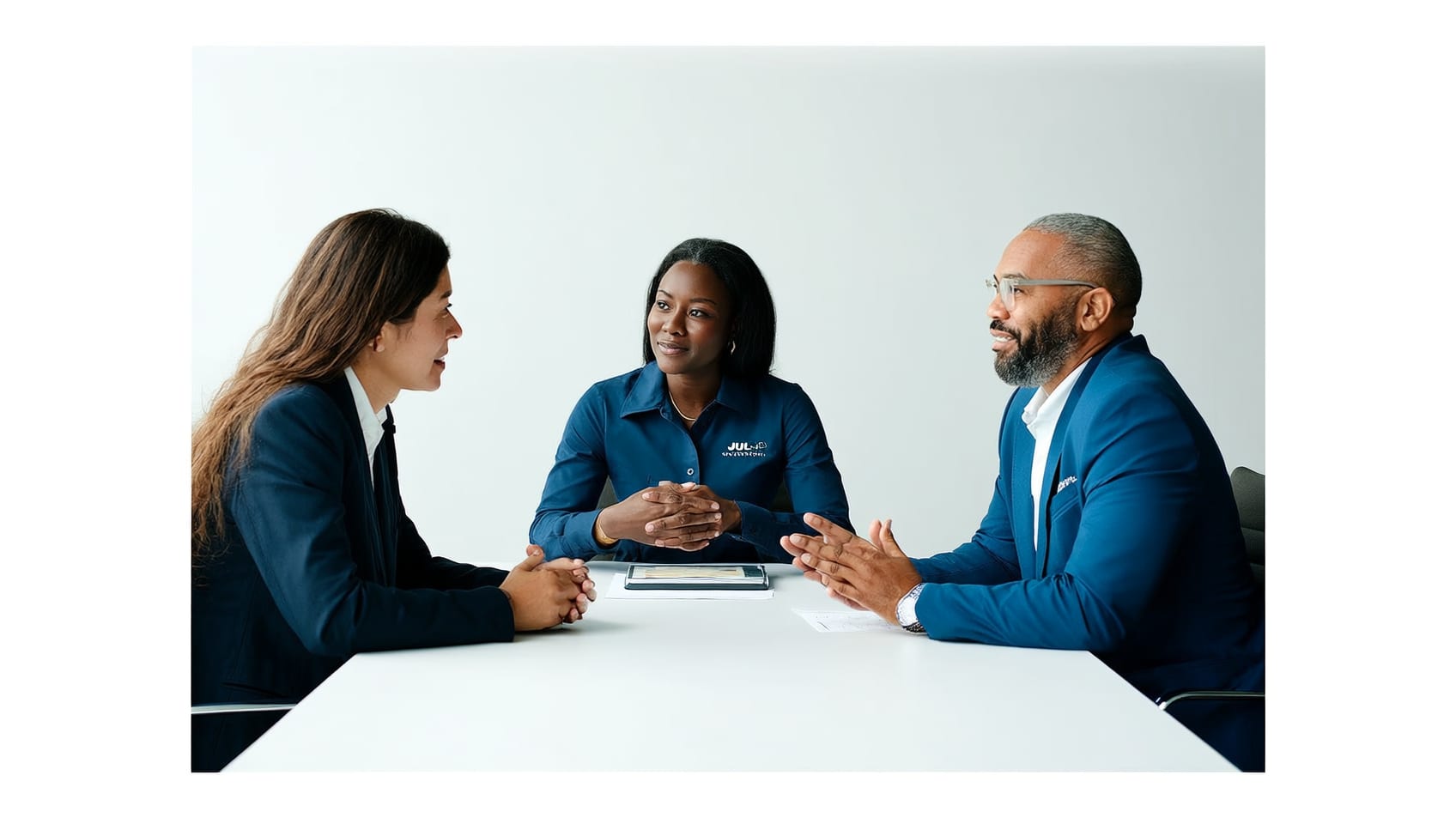 JULY Commercial advisor in a focused consultation with a client at a bright office table