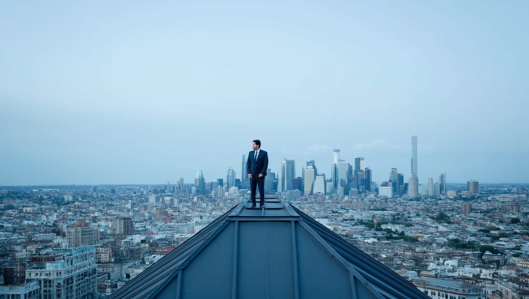 Advisor inspecting a commercial rooftop overlooking the city skyline