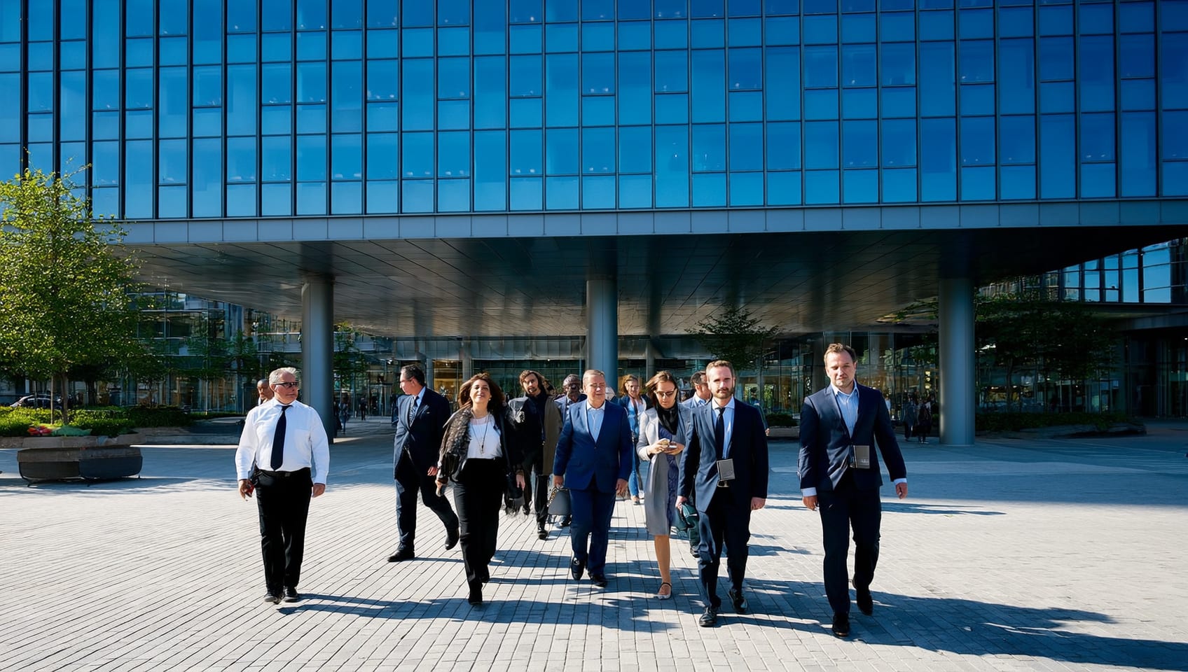 Professionals crossing a plaza beneath a glass office tower in the morning light