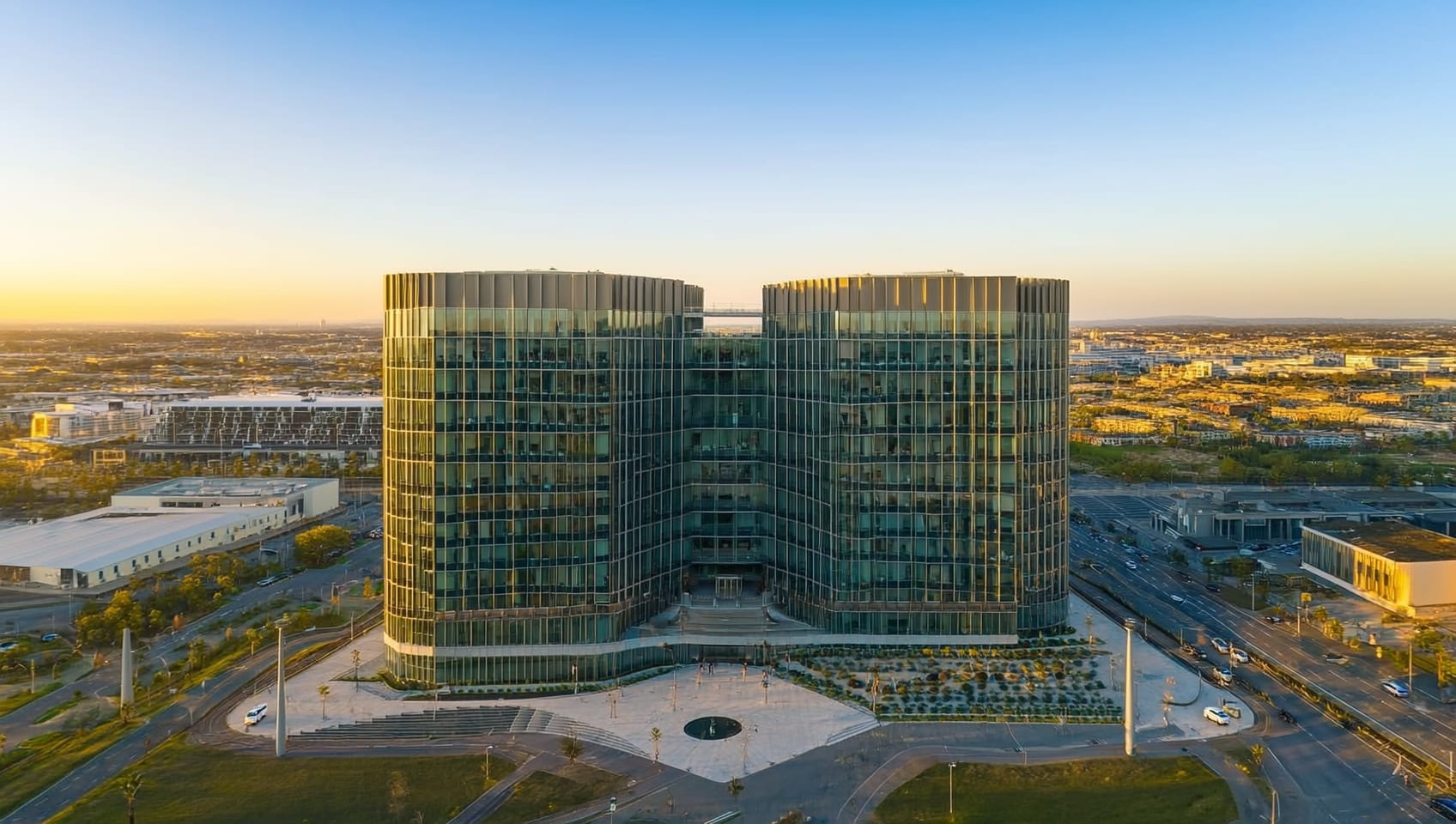 Aerial drone view of a commercial building prepared for a marketing campaign