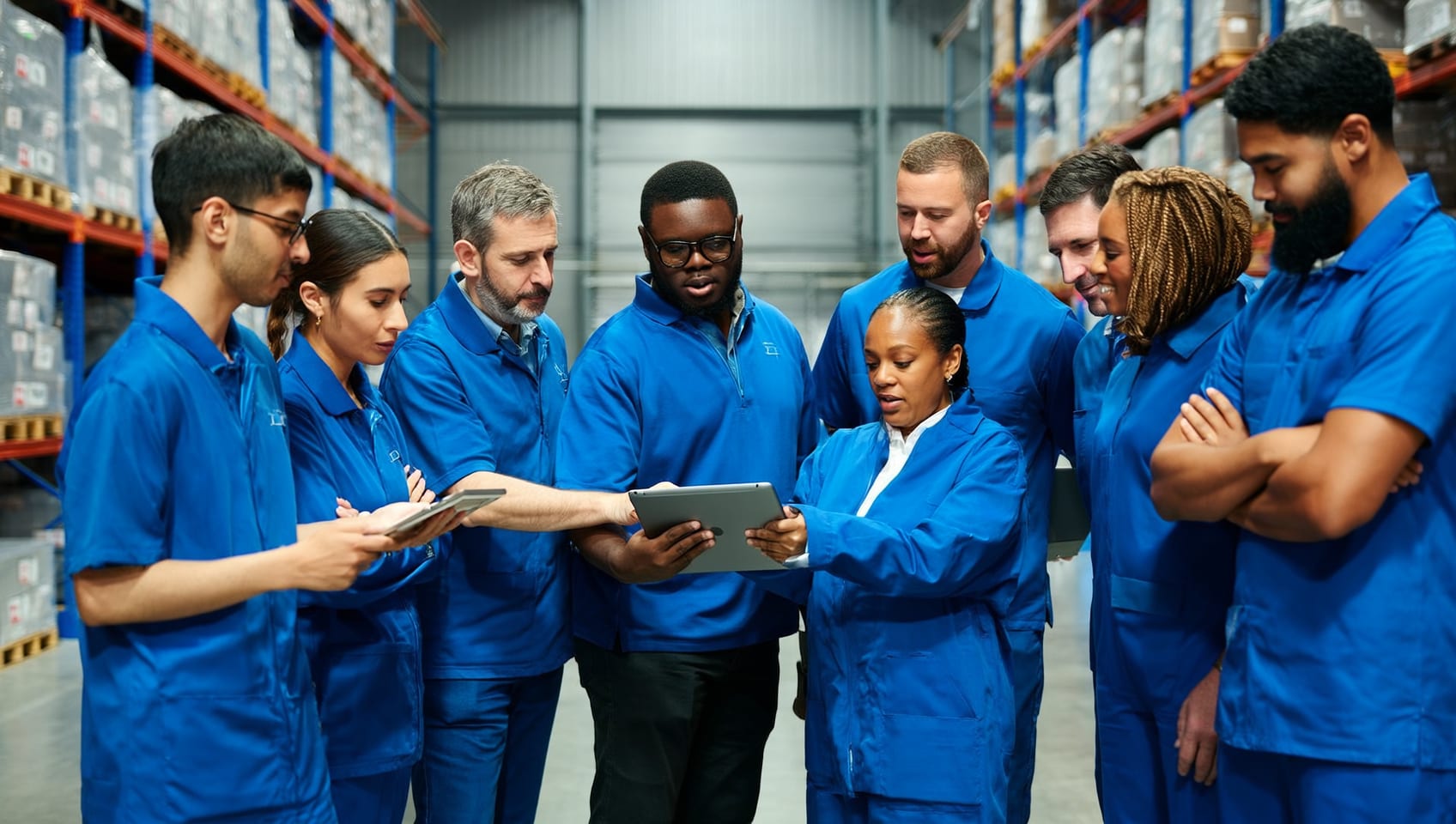 A team reviewing inventory on a tablet inside a distribution warehouse