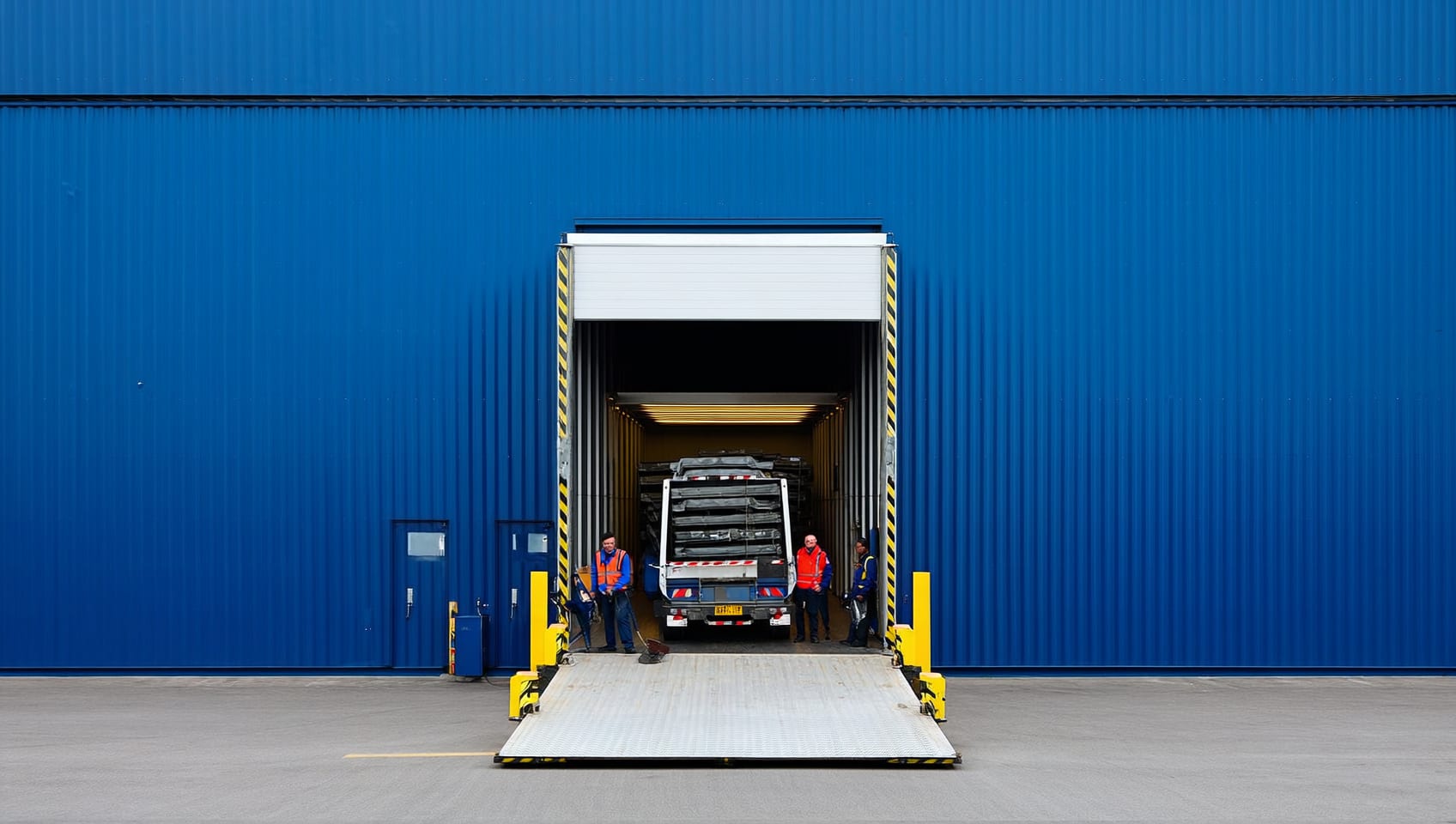 Warehouse loading dock with a truck being loaded by logistics staff
