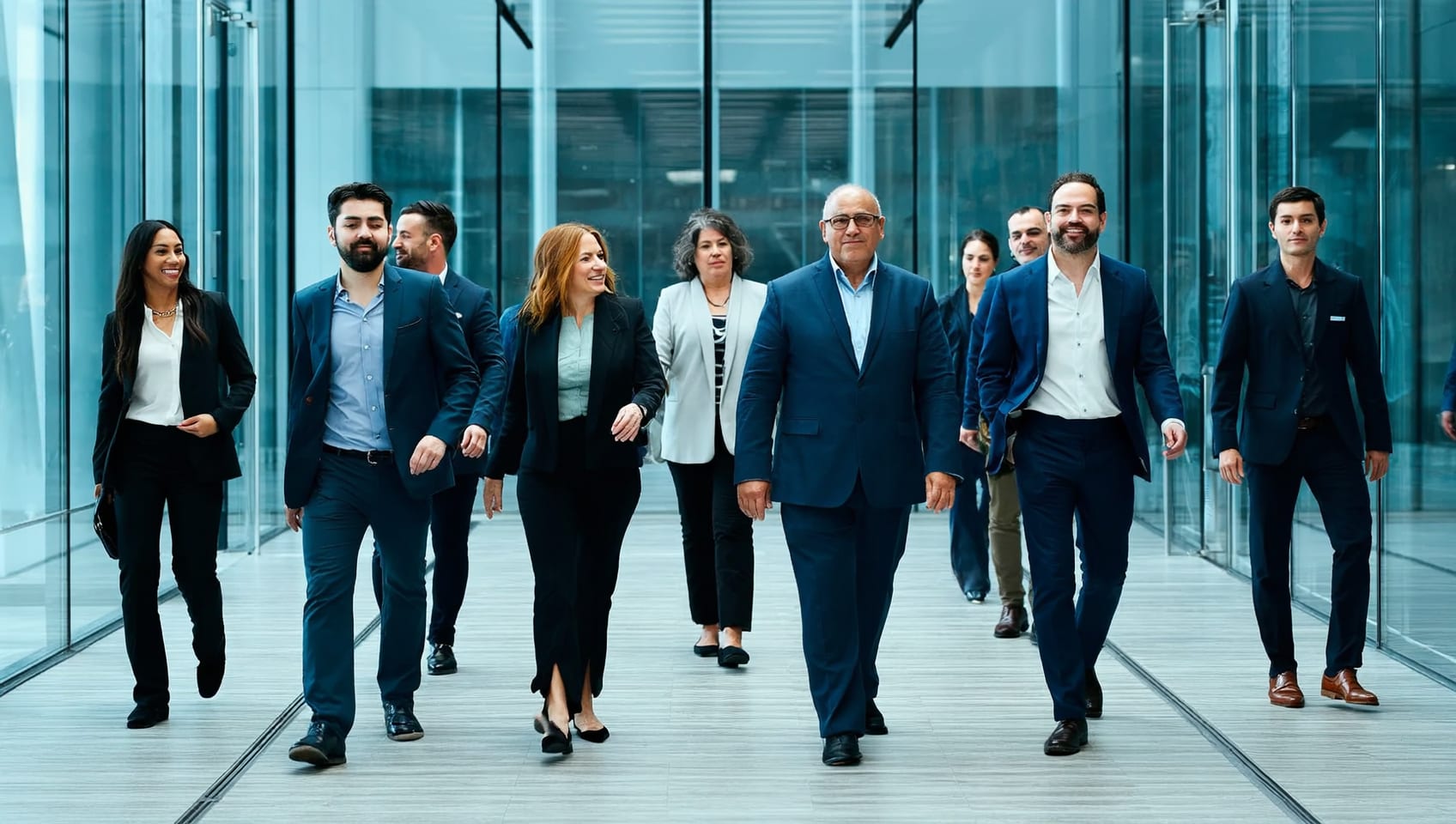Professionals walking through a glass office tower lobby