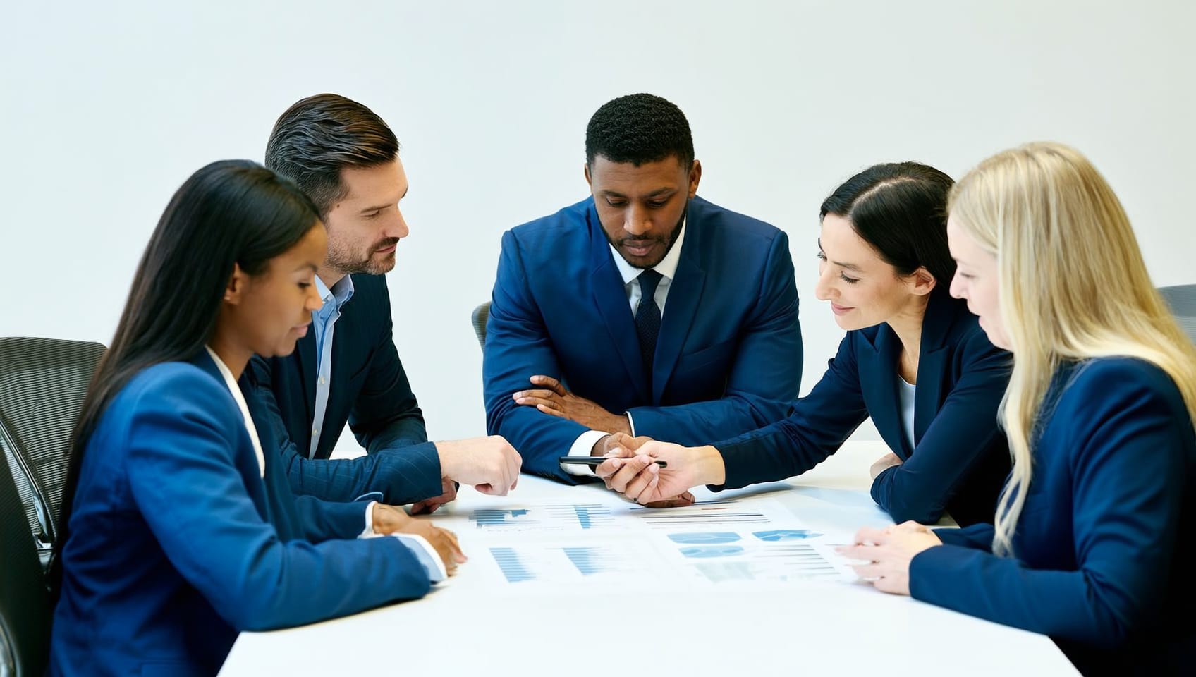 Advisors reviewing office market data together at a bright conference table