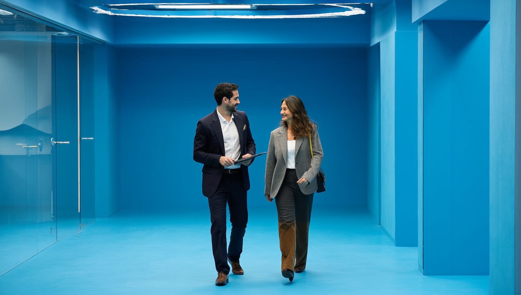 An advisor and client touring a vacant commercial retail space together