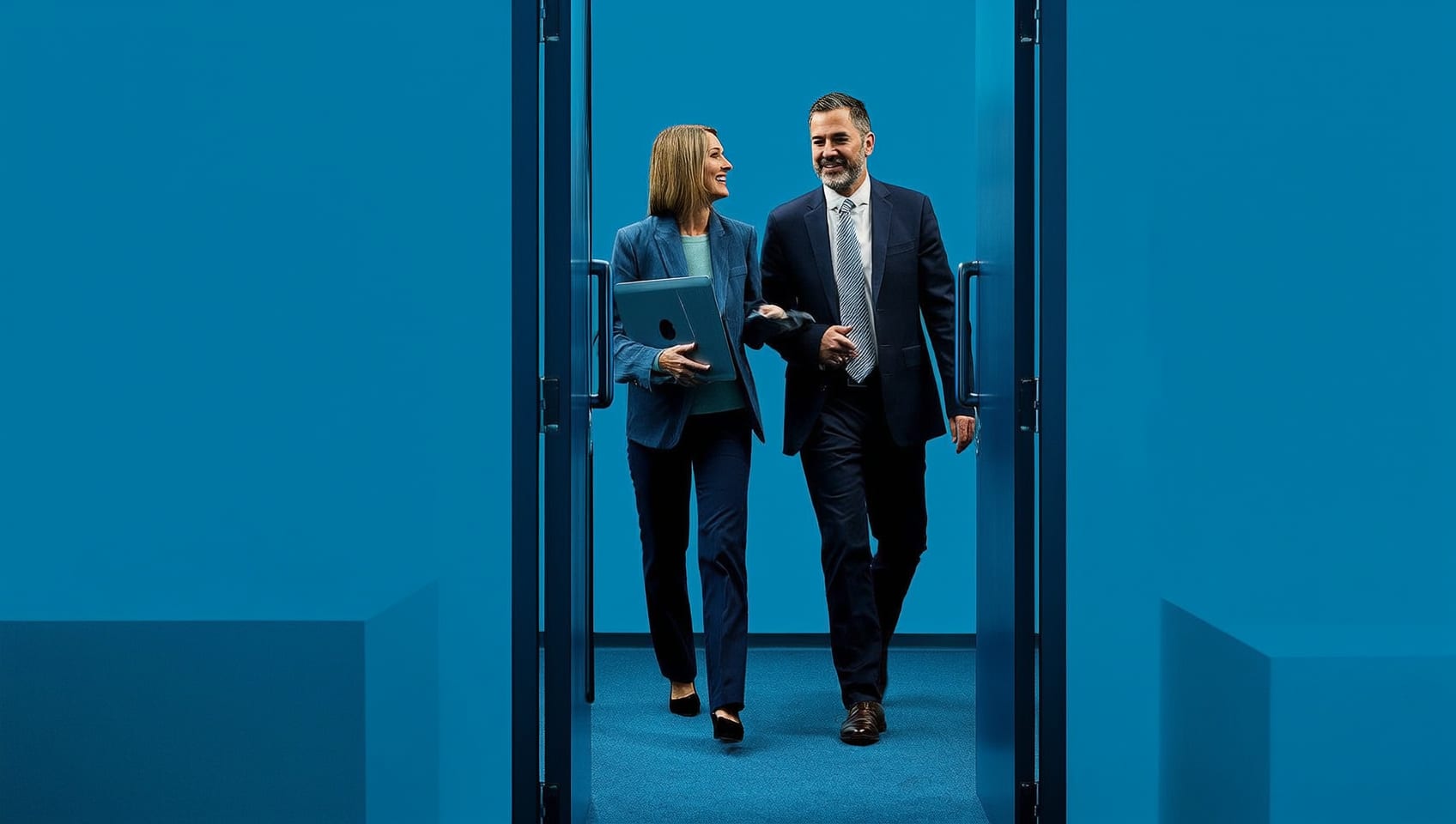 Leasing advisor walking a prospective tenant through office space