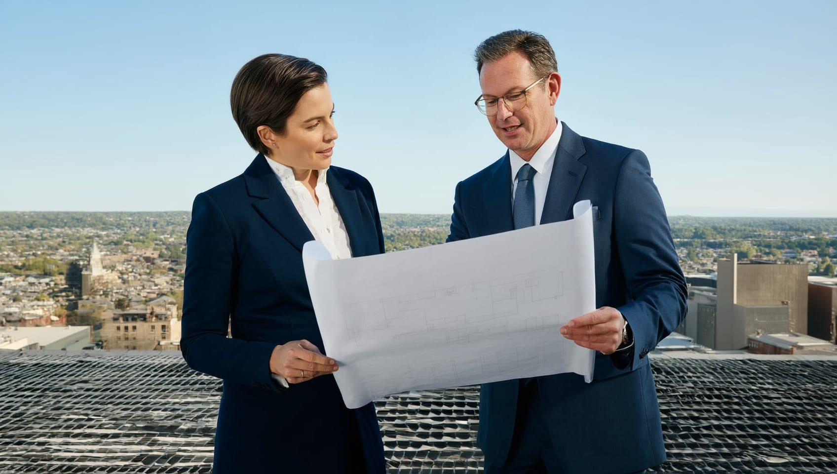 Two advisors reviewing site plans on a rooftop overlooking the downtown skyline