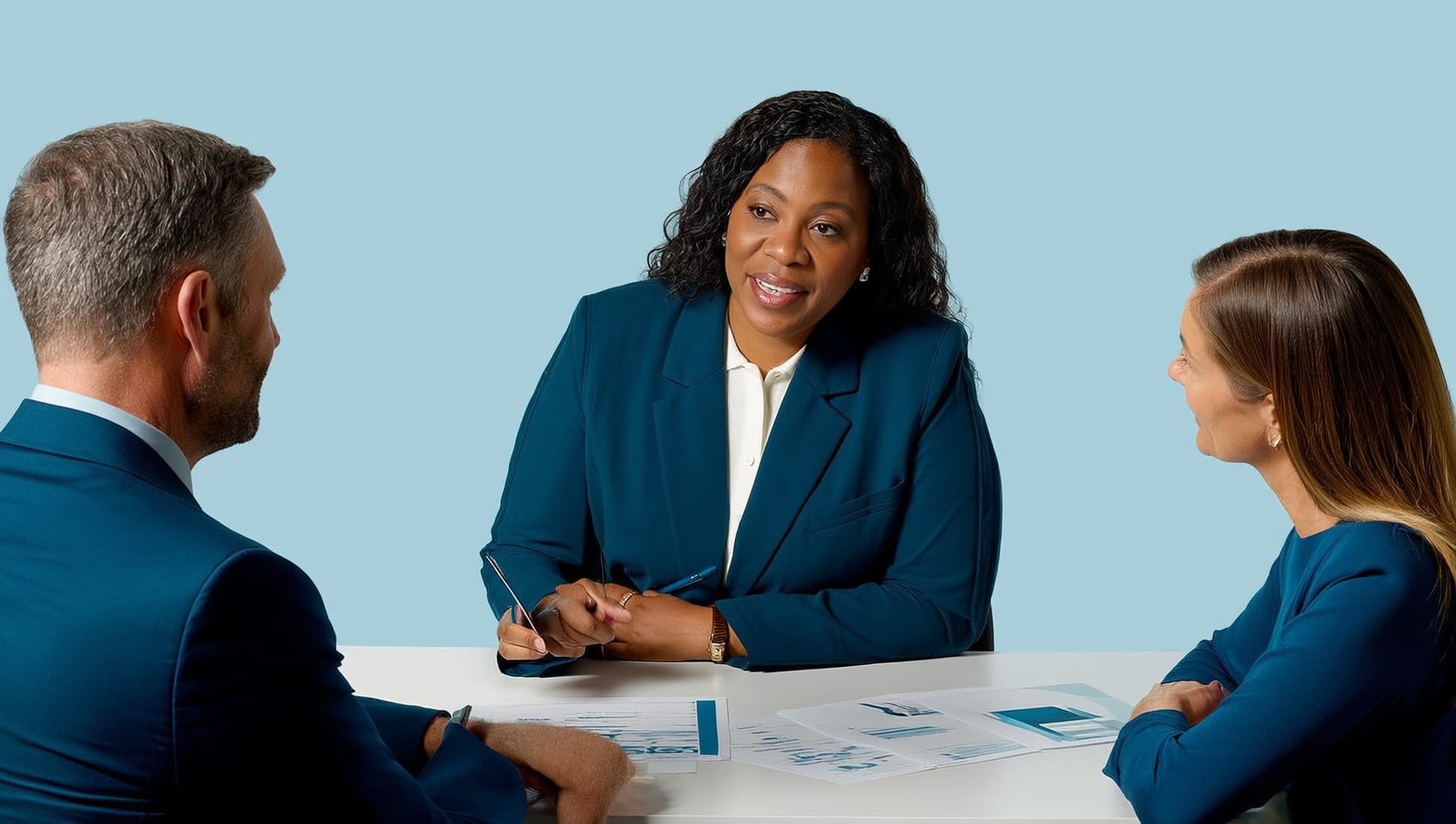 Advisor presenting a valuation report to a client at a desk