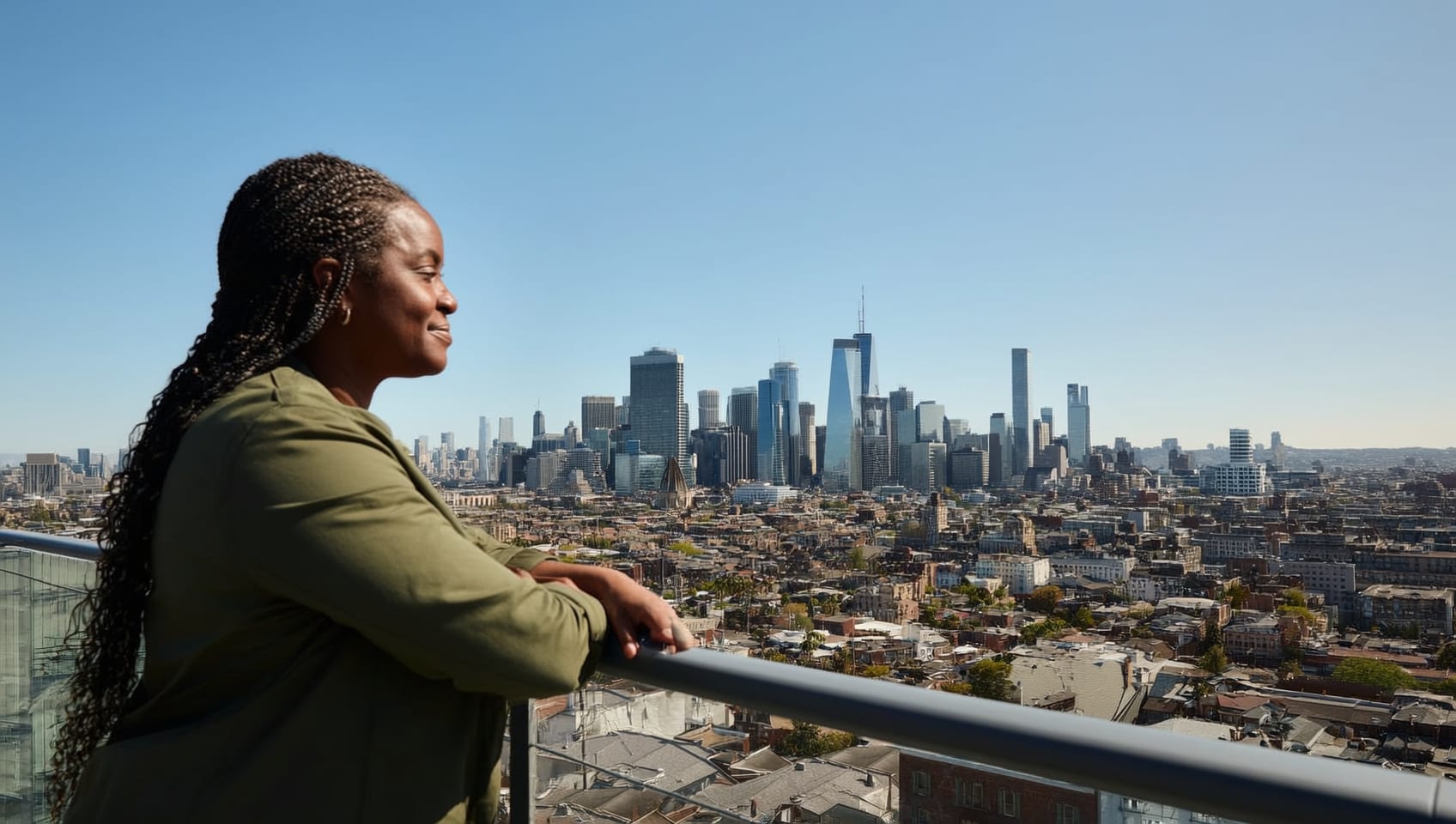 A JULY Commercial advisor looking out over a growing downtown skyline from a rooftop terrace